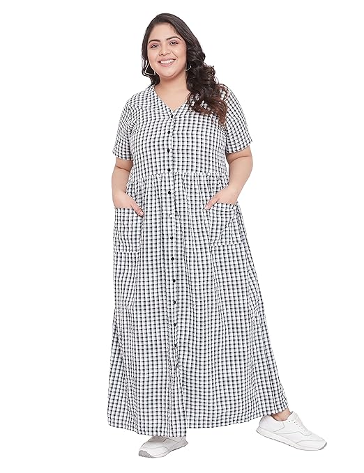 Buy PINKSHINK Plus Size Pure Cotton Black and White Checkered Long Comfort Wear Maxi Dress for 