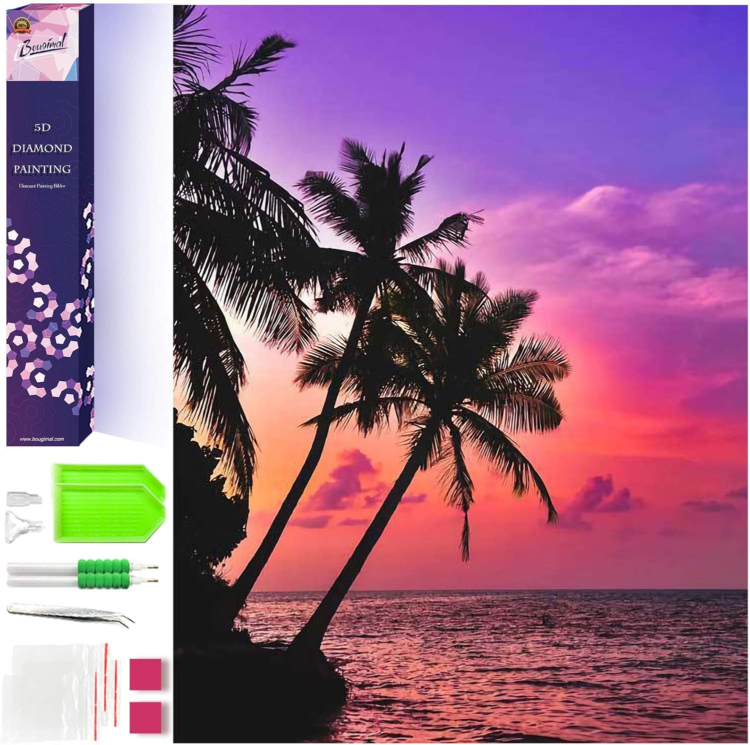 Bougimal 16x20 inch Diamond Painting Beach Palm Tree, Round Full Drill