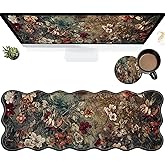 Dark Art Flowers Large Gaming Mouse Pad Plus a Coaster, 31.5 x 11.8 inches Desk Mat Extended XL Mousepad with Stitched Edge Non-Slip Rubber, Desk Pad Computer Mouse Mat for Home Office