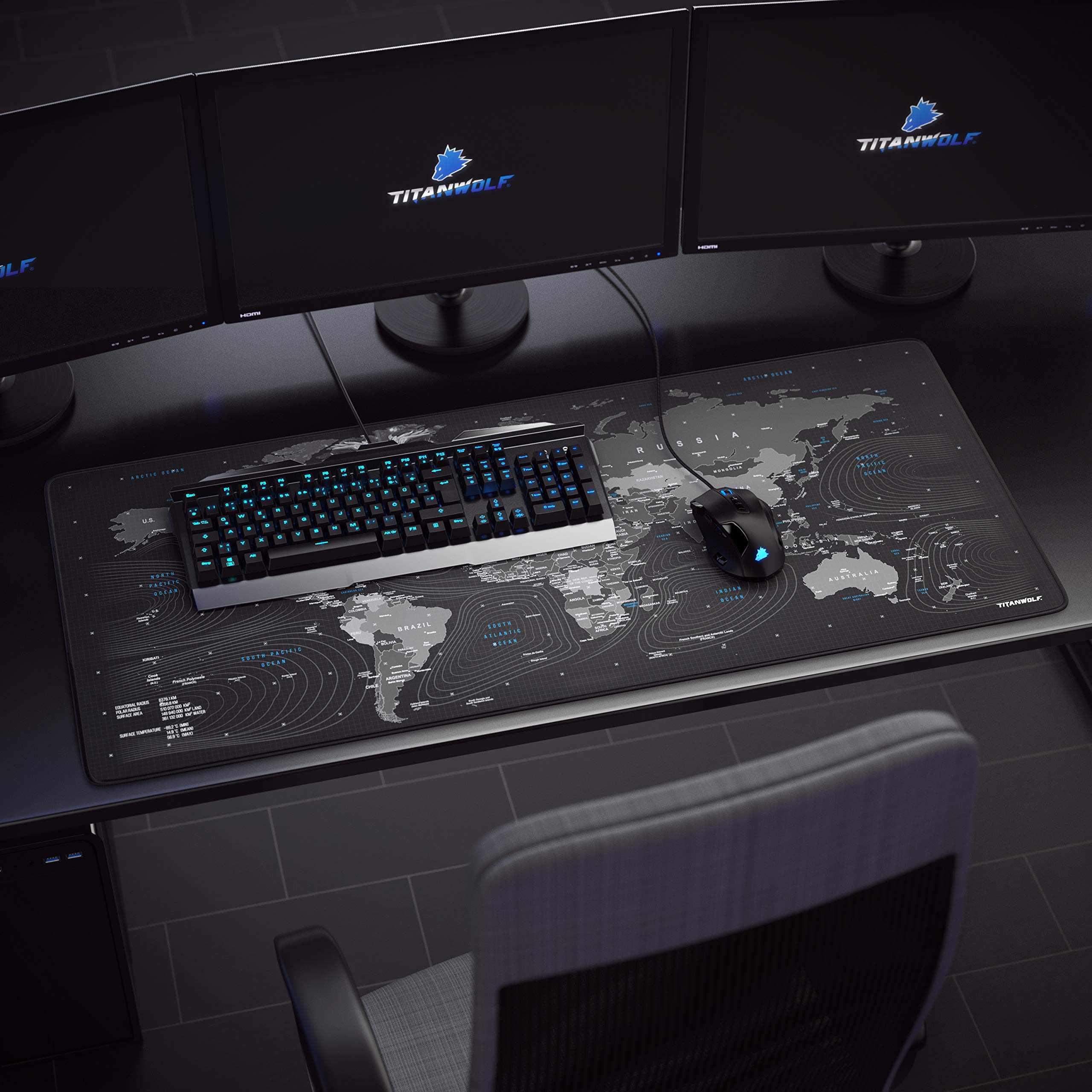TITANWOLF XXL Speed Gaming Mauspad - 900 x 400mm - XXL Mousepad - Tischunterlage Large Size - verbessert Präzision und Geschwindigkeit - rutschfest - Design Weltkarte Wolfskopf 6
