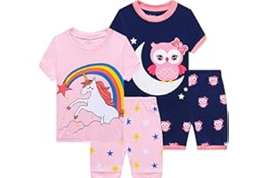 Benaive Girls Summer Pajamas 4 Pieces 100% Cotton Girls PJs Short Sets Kids Sleepwear Size 2T-12 Years