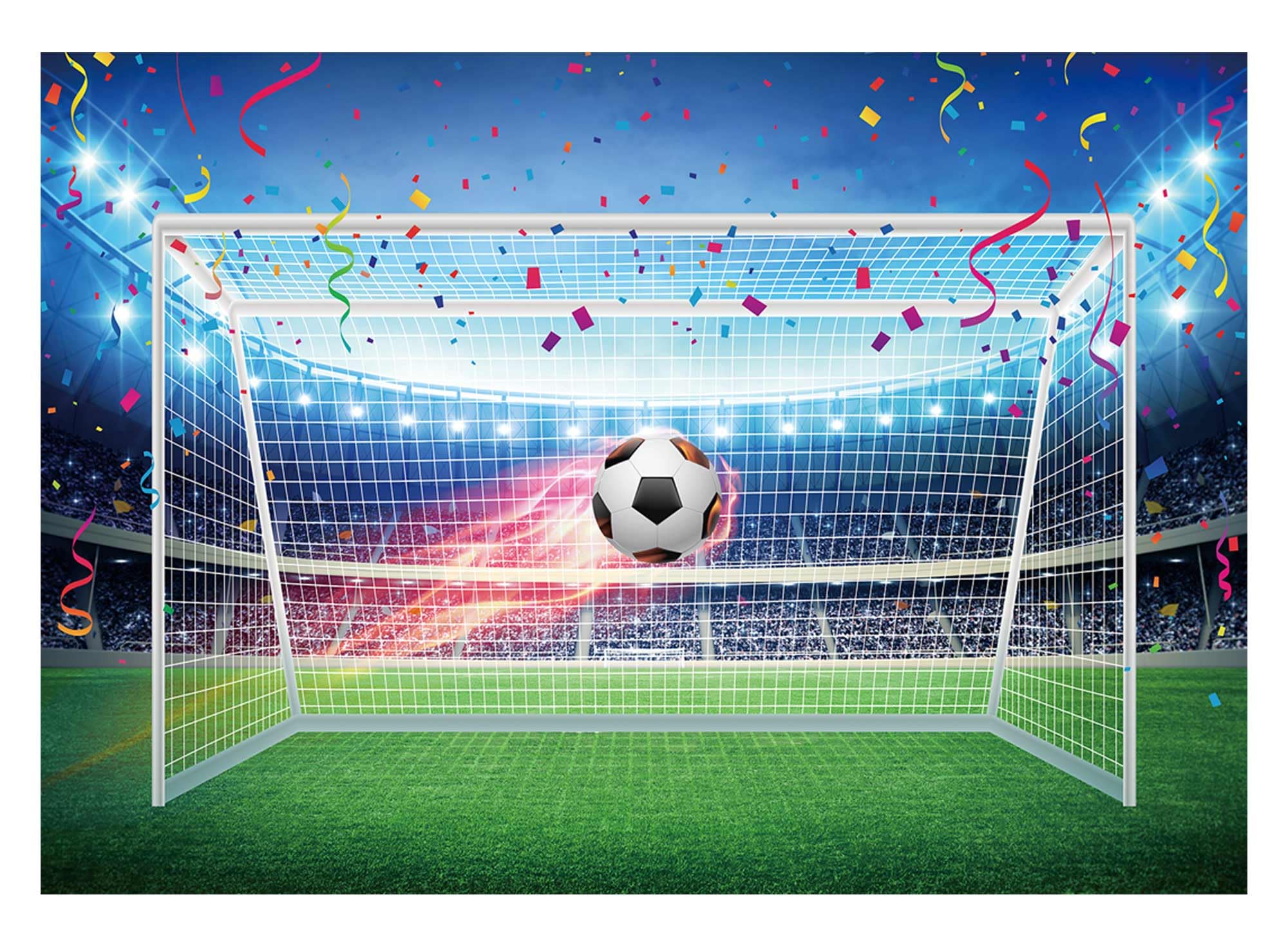 Photo 1 of Allenjoy 7x5ft Football Backdrop Soccer Pitch Stadium Auditorium Light Photography Background for Boys Newborn Baby Shower Sports Theme Happy Birthday Party Decor Banner Portrait Photo Booth Props