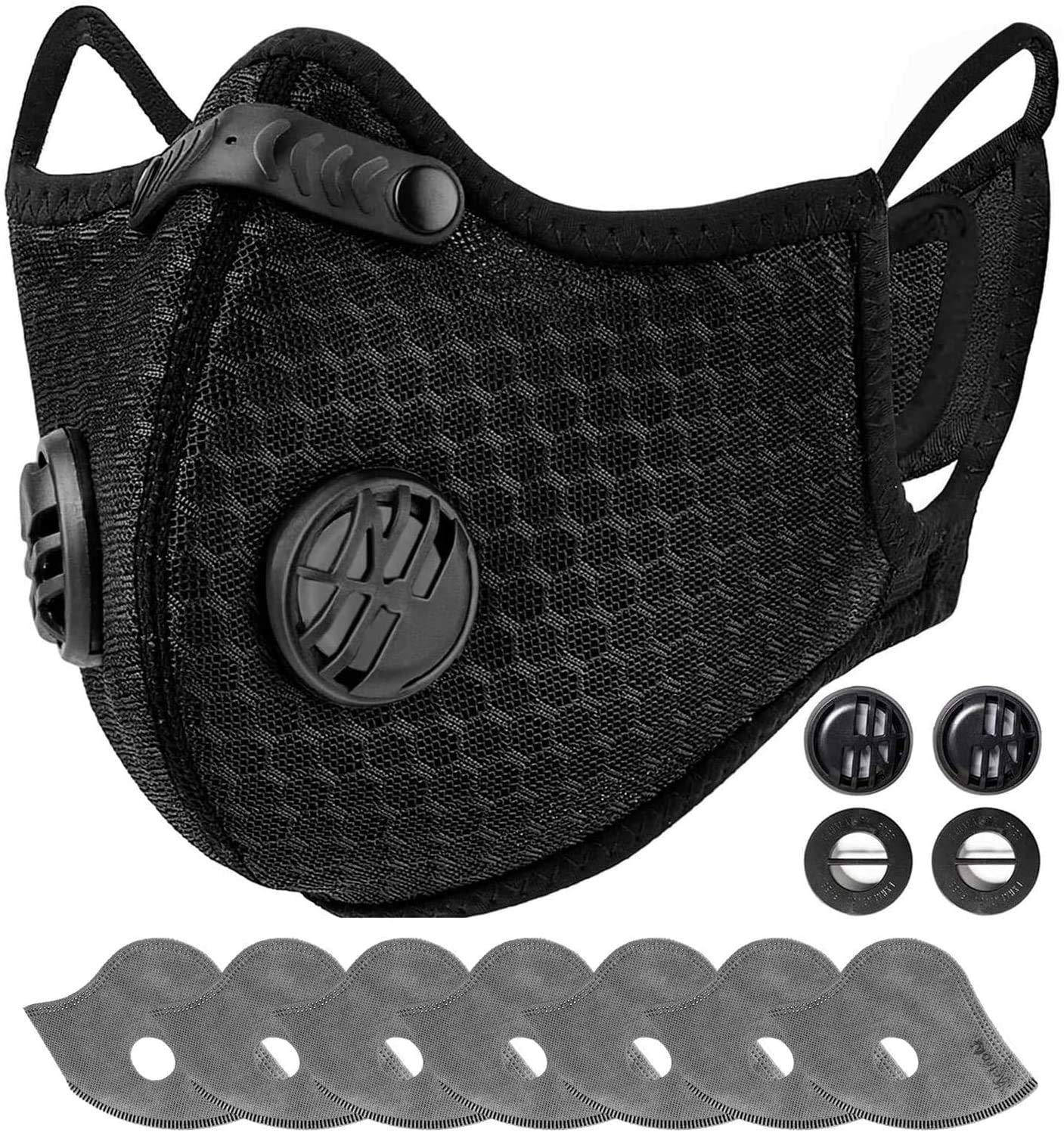 AstroAI Reusable Dust Face Mask with 7 Filters - Personal Protective Adjustable for Running, Cycling, Outdoor Activities(Black, 1 Mask + 7 Activated Carbon 6 Layer Filters +4 Breathing Valves)