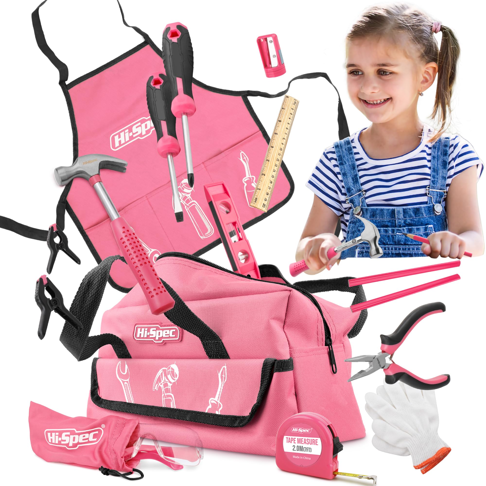 Hi-Spec Kids Real Tool Set with Pink Tool Bag and Accessories - Genuine Metal DIY Tools for Hands-On Learning and Building Projects - Perfect for Starters and Beginners