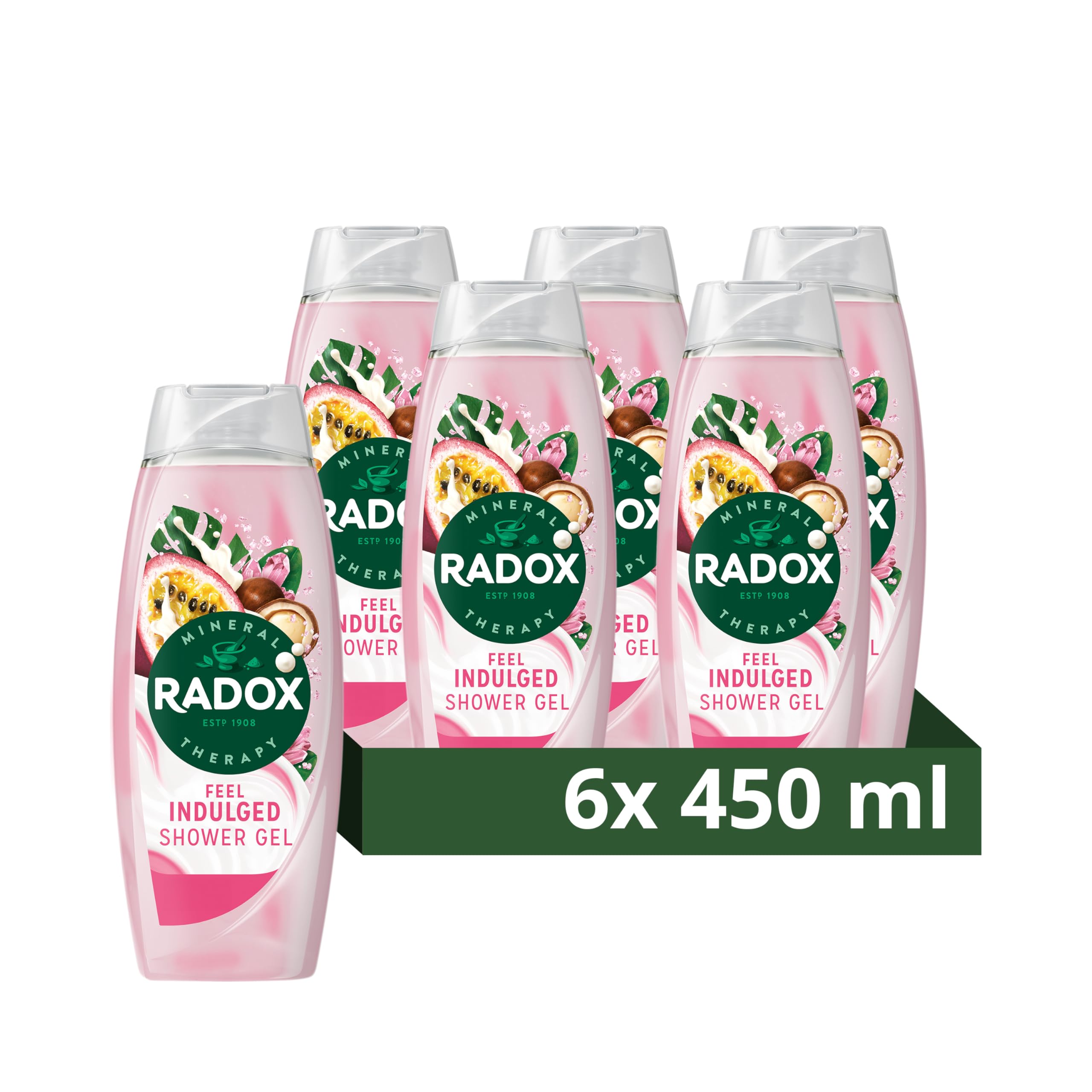 Radox Mineral Therapy Feel Indulged Shower Cream Body Wash uniquely blended with minerals, herbs and a passionfruit & shea scent for a mood-boosting experience 6x 450 ml