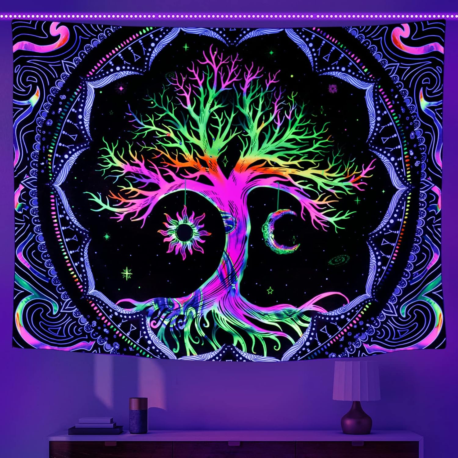 Tapestries - Hialimern Blacklight Tree of Life tapestry Trippy Mandala Tapestry Black Light Tapestries Galaxy Space tapestry UV Reactive Boho Aesthetic Wall Tapestry for Bedroom Living Room (M-W59.1