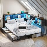 DICTAC Full Corner Bed Frame with Bookcase Storage and Led Lights Metal Platform Bed Frame Full Size with Storage Drawers & Charging Station Full Size Daybed for Teen/Adult,No Box Spring Needed,Black