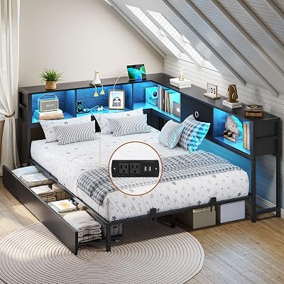 DICTAC Full Corner Bed Frame with Bookcase Storage and Led Lights Metal Platform Bed Frame Full Size with Storage Drawers & Charging Station Full Size Daybed for Teen/Adult,No Box Spring Needed,Black