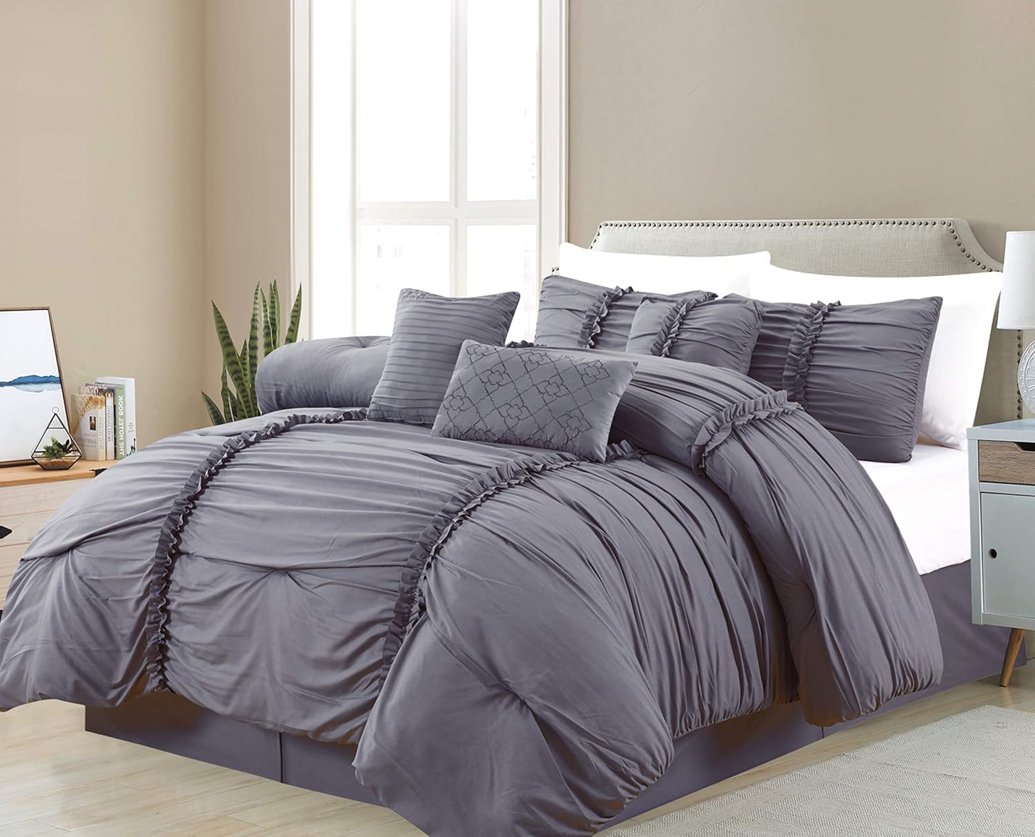 Comforter Set 7Piece Bed in a Bag Queen Size Silver Grey, Classic Ruffled Solid Bedding Set (1