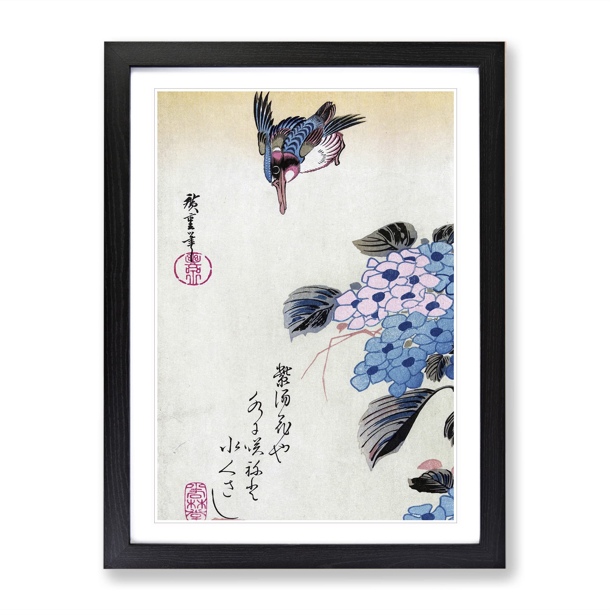 Hiroshige Hydrangea And Kingfisher Asian Japanese Framed Wall Art Print, Ready to Hang Picture for Living Room Bedroom Home Office Décor, Black A4 (34 x 25 cm)