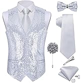 DiBanGu Mens Sequins Vest and Tie Set Solid V-Neck Shiny Dress Waistcoat Bowtie with pocket square for Prom Party Tuxedo