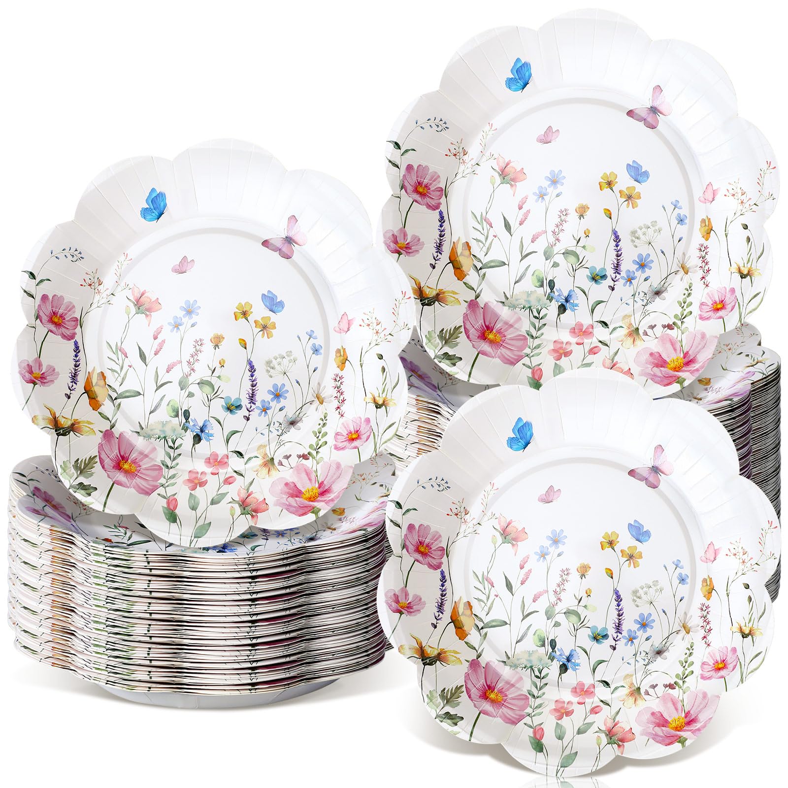 Photo 1 of 100 Pcs Wildflower Paper Plates Disposable Dessert Baby Bridal Shower Party Supplies Floral Dessert Plates Bulk Birthday Tea Party Serving Tray for Wedding Birthday