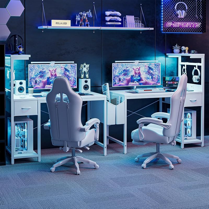 Escritorio Gaming 120x50 cm con Enchufe LED RGB Estantes Abatibles Cajón Organizador para PC Portátil Hogar/Oficina Incluye Bolso Fibra Carbono Negro