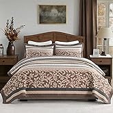 KALOOLA Farmhouse Quilt Set King Size - 100% Cotton Lightweight Rustic Quilted Bedspread with 2 Pillow Shams, Printed Striped Botanical Reversible Bedding Coverlet for All Seasons, 3Pcs, Brown/Beige