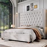 Jocisland King Bed Frame 61.4" Tall Headboard Velvet upholstered,Cream | Full Back Support Wingback Headboard,Deep Button Tufted Handcrafted Pleats,No Box Spring Needed,Solid Wood Legs,Easy Assembly
