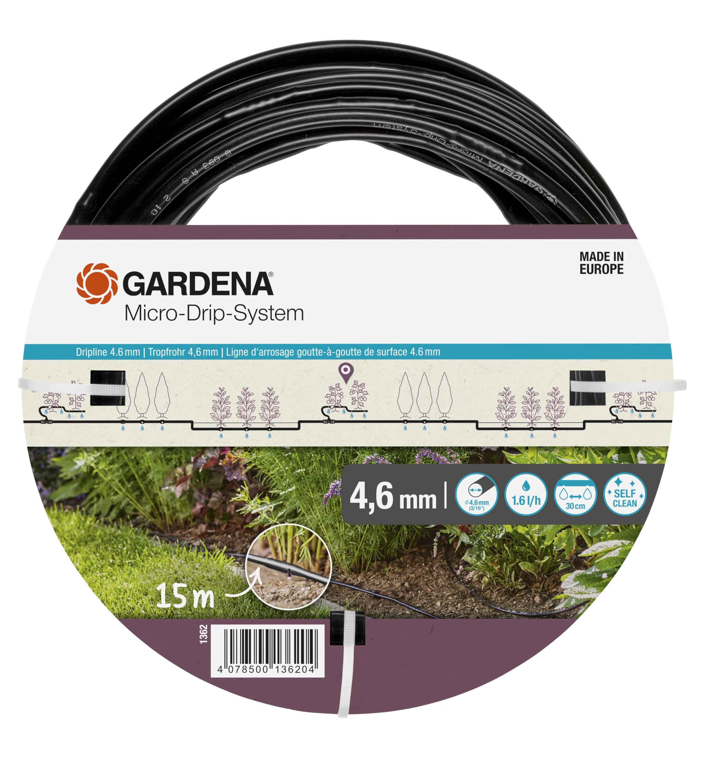 Gardena Micro-Drip System Above-Ground Drip Irrigation Line 4.6 mm (3/16 inch): Drip-irrigation line for above-ground installation, 15 m (1362-20)
