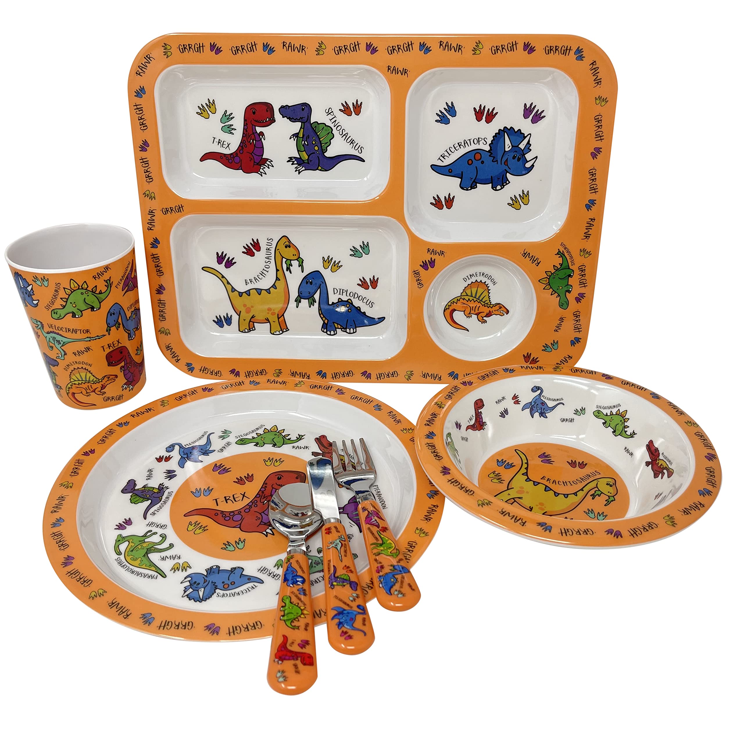 HTUK Dinosaur Dinner Set 5 Piece Kids Tableware, Lightweight Premium Dinnerware