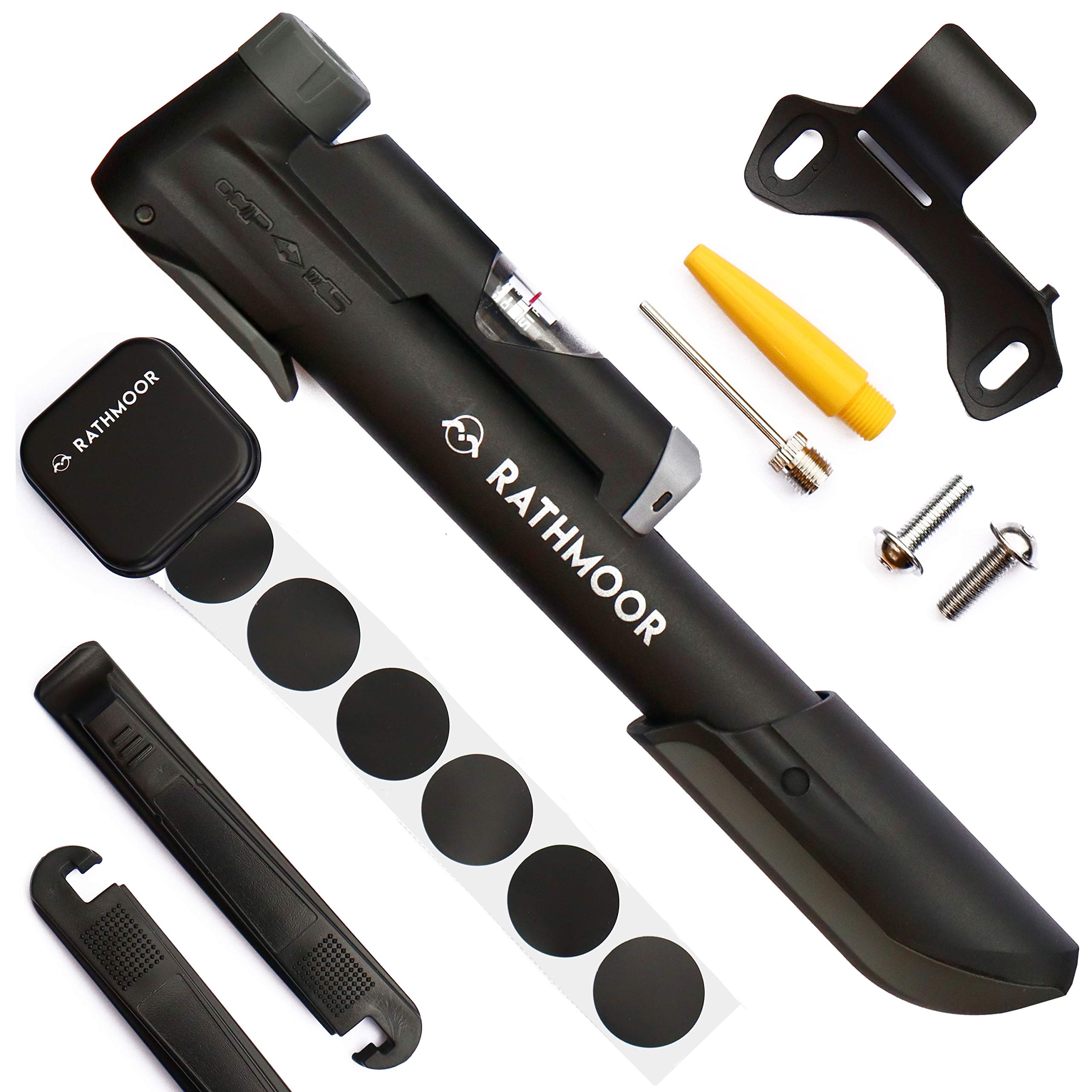Rathmoor 'Get Me Home' Emergency Mini Bike Pump with Gauge, Glueless Repair Kit, Tyre Levers and Ball Needle (Black with Glueless Repair Kit, Tyre Levers, Ball Valve)
