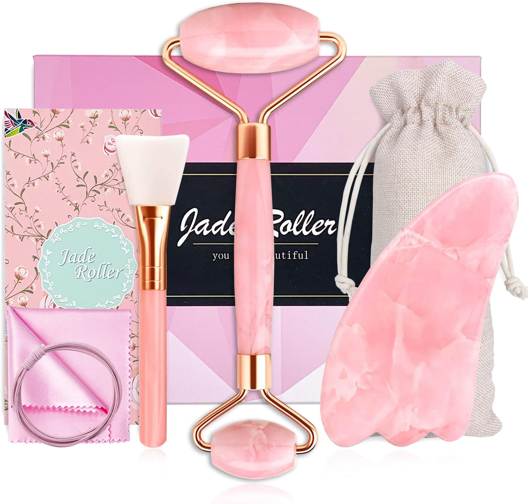 Real Jade Roller and Gua Sha Set,Anti Aging Rose Quartz Crystals Beauty Face Roller Skin Care Tools,Facial Massager Kit for Women Face Lift,Neck Eye Puffiness Wrinkles Relief,Tightened Body Relax