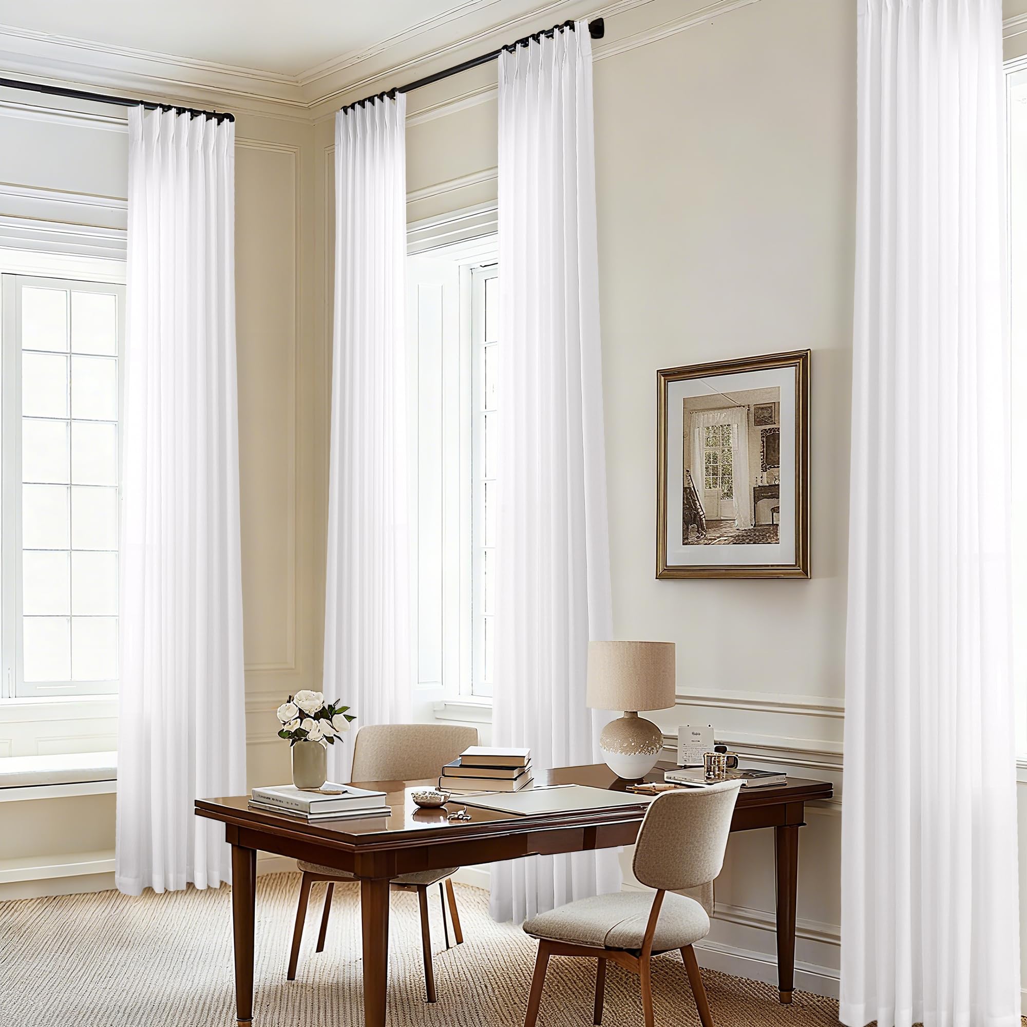 Photo 1 of 1pc White Pinch Pleated Curtains 90 Inches Long for Living Room Pinch Pleat Linen Drapes with Hooks Rings Back Tab Cotton Semi Sheer Boho Farmhouse Window Curtains