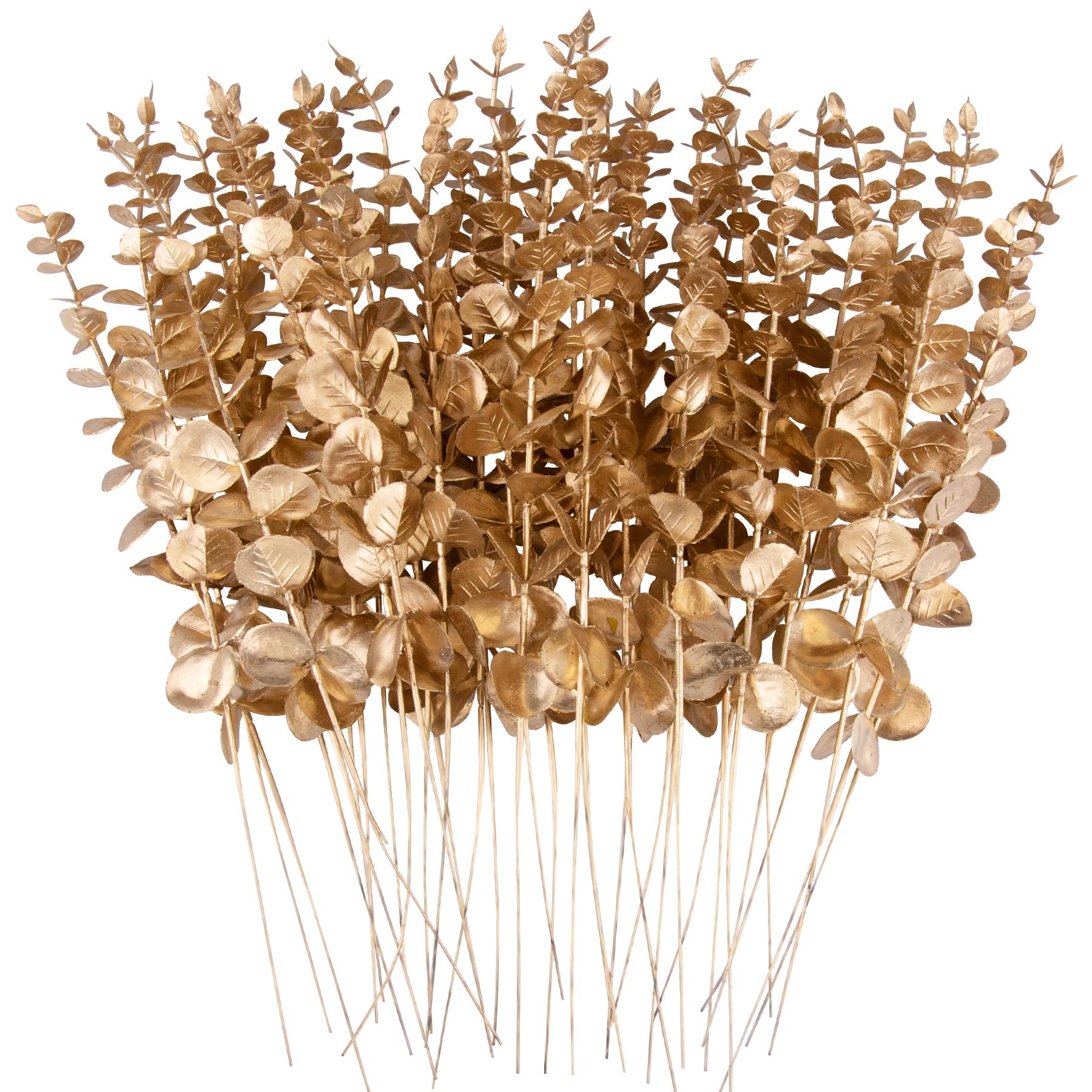 FEQO 36 Pcs Eucalyptus Stems Artificial Eucalyptus Leaves 15 Inch Faux Eucalyptuses Branches for Wedding Bouquet Home Decor, Gold