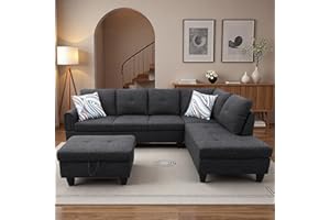 Topcomfy 97.5" L Shaped Couch Set, Modular Sectional Couches for Living Room with Storage Ottoman, 4 Seat Home Sofa Living Room Furniture Sets with Chaise for Apartment Office (Linen, Black Grey)