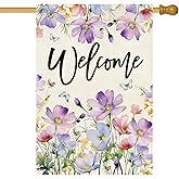 Baccessor Spring Summer Pansy Welcome House Flag 28 x 40 Inch Large Double Sided Burlap Butterflies Floral Flower Farmhouse Porch Flag Holiday Seasonal Outdoor Outside Decoration