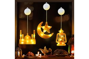 SAKAYO [Timer] 3 PCS Ramadan Window Lights, Eid Mubarak Decorations Castle Lantern Moon Star Lights with Suction Cup, Battery Operated Ramadan Lights Eid Decorations Indoor Home Party Decor