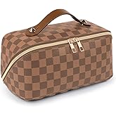 BAYANKALA Leather Travel Makeup Bag, Large Capacity Cosmetic Bag for Women, Waterproof Portable Pouch with Divider, Toiletry Organizer with Handle, 10.5x5x5 Inches, Deep Brown