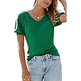 Arach&Cloz Women's 2025 Summer Short Puff Sleeve Shirts V Neck Cute Blouses Dressy Casual Trendy Sweater Tops