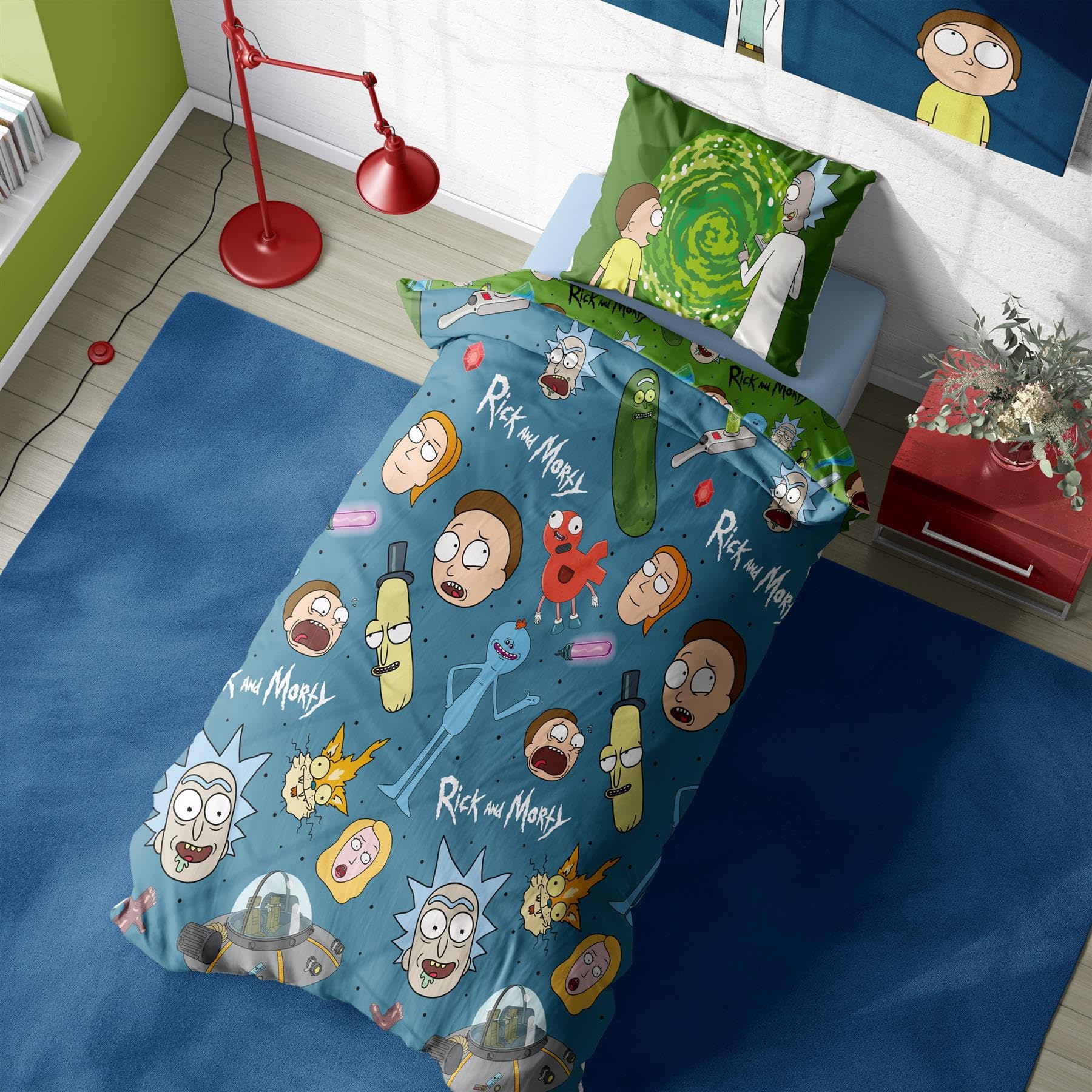 Rick and Morty Duvet Cover - Portals Pickle Rick Design - Official Reversible Bedding Set - Single Duvet Cover and Pillowcase Set