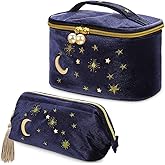 Patelai 2 Pcs Velvet Makeup Bag Moon Stars Cosmetic Bags Navy Blue Goth Embroidered Makeup Pouch Portable Travel Starry Pouch Toiletry Wash Bags Cute Storage Clutch Handbags for Women Gifts