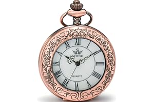 SEWOR Quartz Pocket Watch Shell Dial Magnifier Case with Two Type Chain (Leather+Metal) (Red Copper)