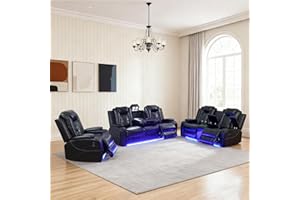 SITYRUBE Power Leather Recliner Sofa Set with LED Lights, Power Reclining Couch Set，Leather Living Room Sofa 3 Pieces with Coffee Table/Cup Holder for House/Home Theater(Black,6 Seater)