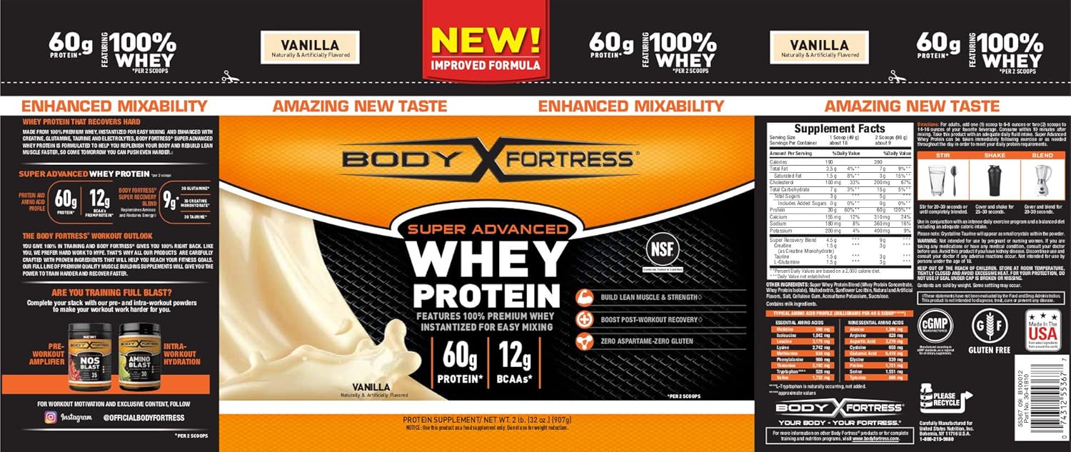 Body Fortress Super Advanced Whey Protein Powder, Gluten Free, Vanilla, 2 Pound: Health & Personal Care