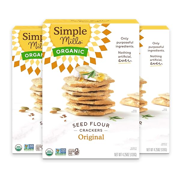 SIMPLE MILLS ORGANIC SEED CRACKERS, ORIGINAL – GLUTEN FREE, VEGAN, HEALTHY SNACKS, PALEO FRIENDLY, 4.25 OUNCE (PACK OF 3)
