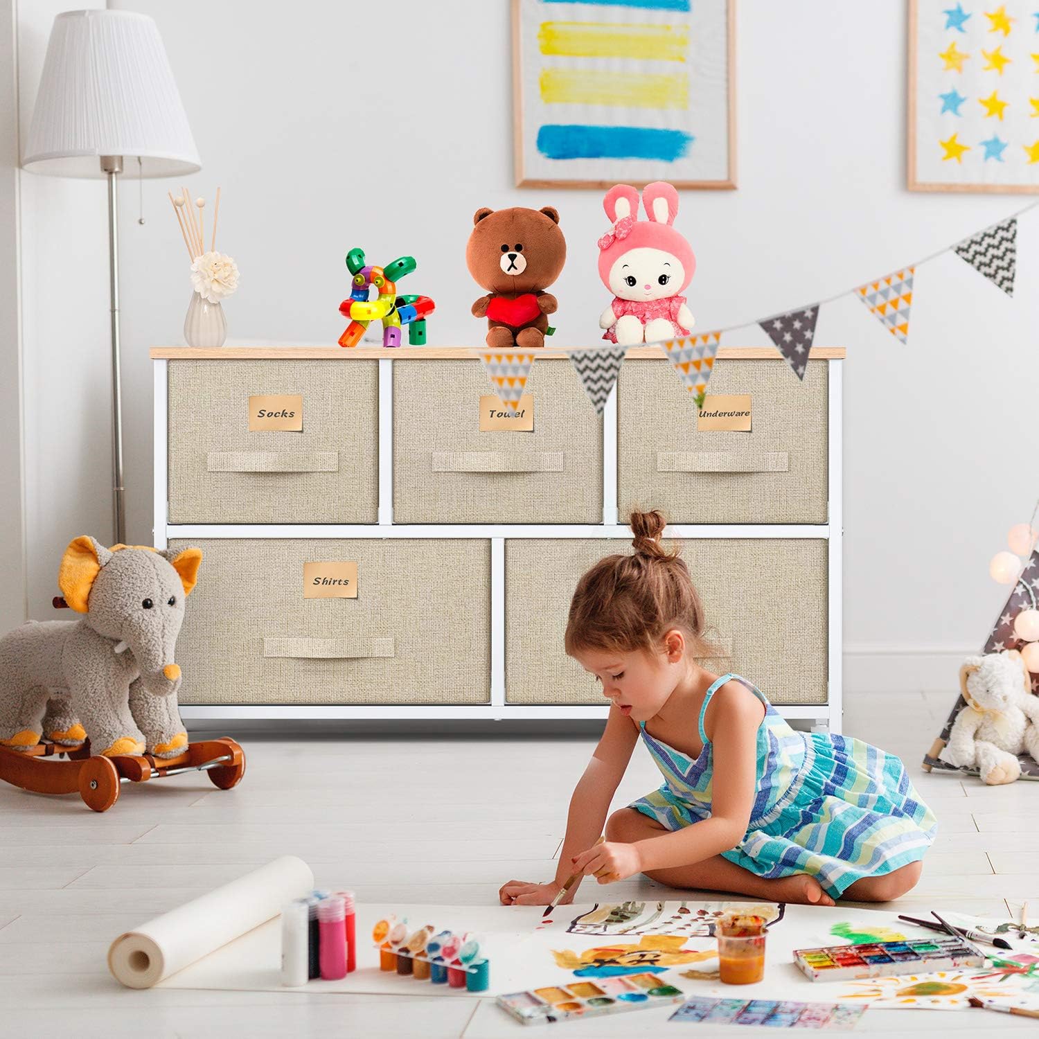 Fabric Dresser with 5 Drawers, Wide Dresser Storage Tower, Organizer Unit with Wood Top and Easy Pull Handle for Closets, Living Room, Nursery Room, Hallway by Pipishell: Home Improvement