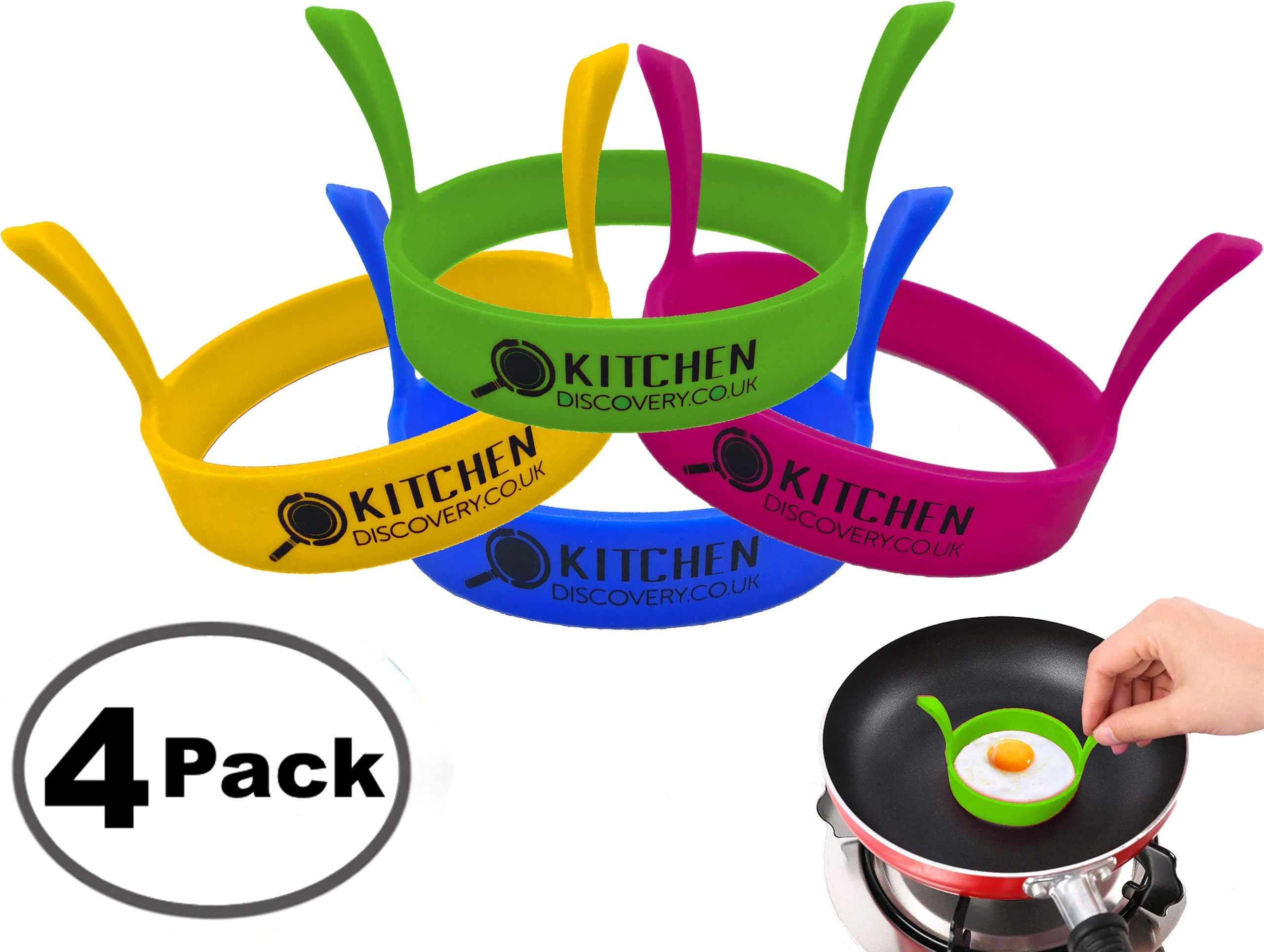Egg Rings Nonstick Silicone For Cooking Perfect Fried Eggs, Scrambling Eggs & Pancakes (4 Pack) By KITCHEN DISCOVERY™ - LFGB Grade Premium Silicone Egg Cooker/Pancake Mold, Round Egg Rings Mold, 4 Multi Coloured Poached Egg Rings, Egg Cooker, Fried Egg Maker Set, Egg Cups, Ideal for eggs, pancakes, breakfast sandwiches, Benedict eggs, fritters, omelettes, egg muffins, Burger patties, desserts etc. Perfect Kitchen Gadget, Gift, Present