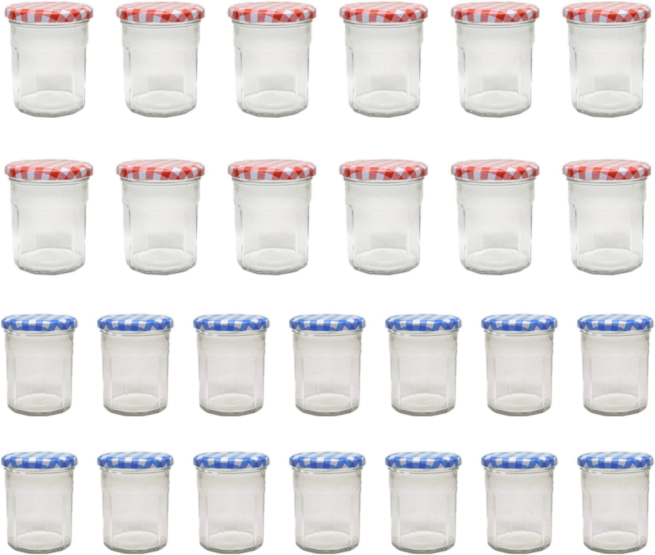 Klean Shop Jam Jars With Lids – Red/Blue Lid Jam Jar Set – Fruit Mason Jar – Glass Jam Canning Jars – DIY 8oz (250ml), 24 Pack Jars- Perfect for Jam Storing, Pickles and Many Other