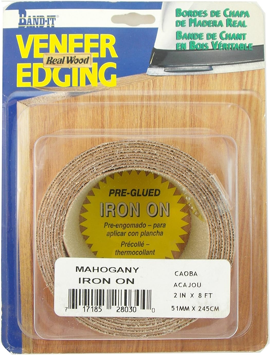 Band-It 28030 Real Wood Veneer Iron-On Edgebanding, Mahogany, 2" x 8'