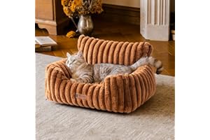 MEWOOFUN Cat Beds for Indoor Cats, Fluffy Cat Couch with Removable Washable Cover, Supportive Small Dog Beds for Puppy & Kitten up to 15 lbs (Brown, 24x19x12)