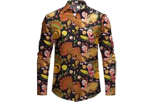 JOGAL Mens Christmas Turkey Thanksgiving Long Sleeve Santa Claus Button Down Shirt for New Year Party