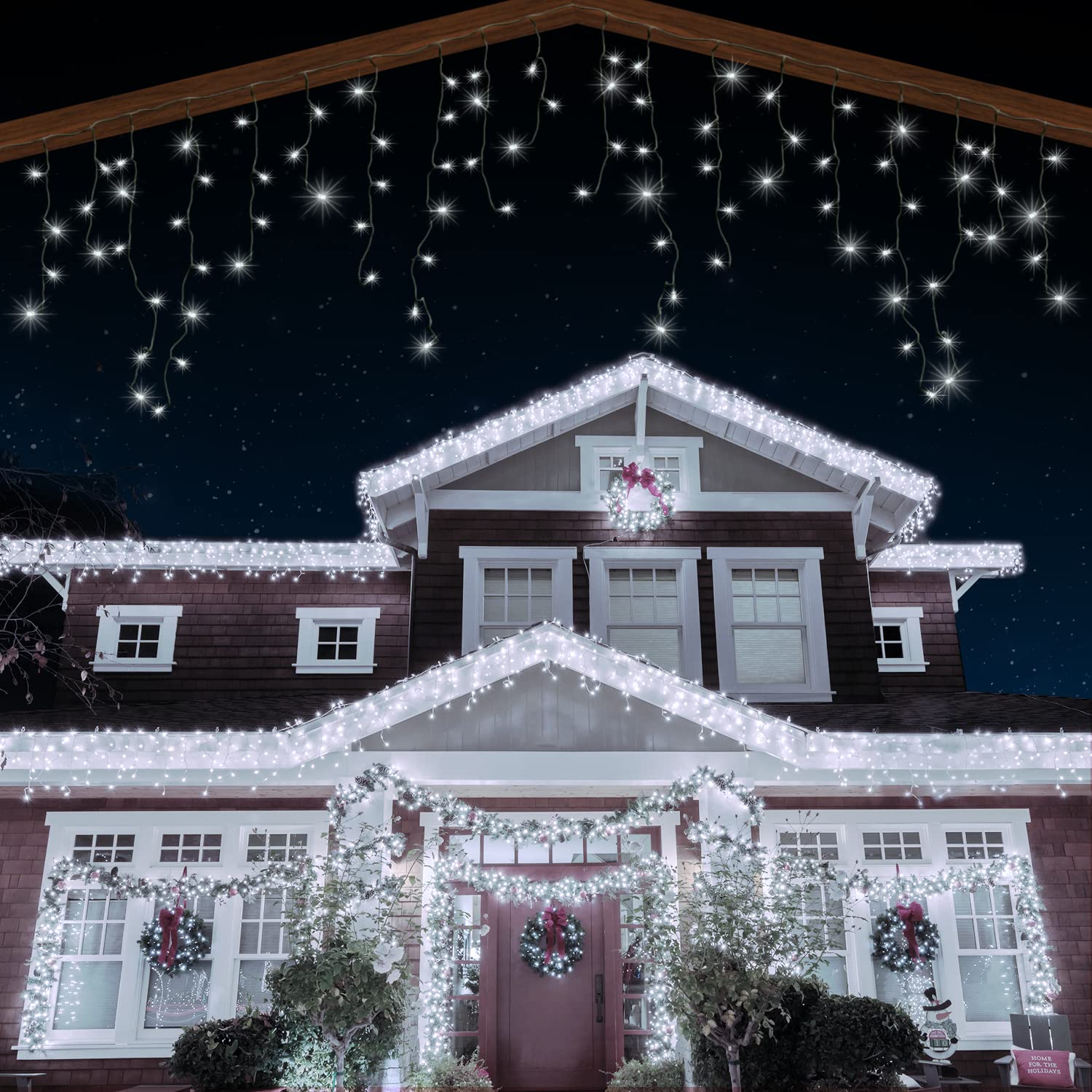 ANSIO® Outdoor Christmas Lights 1000 LED 35m/112ft Icicle Lights Outdoor & Indoor Cool White Decorations String Fairy Outside Lights with Timer for Xmas Garden & Party | Mains Powered Green Cable