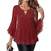 VALOLIA Womens Sparkly Tops Dressy Ruffle 3/4 Sleeve Blouses Glitter Cocktail Party Evening Shirts