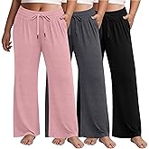 Huukeay 3 Pack Women's Plus Size Pants Wide Leg Yoga Pants Baggy Lounge Sweatpants with Pockets Drawstring High Waist Jogger