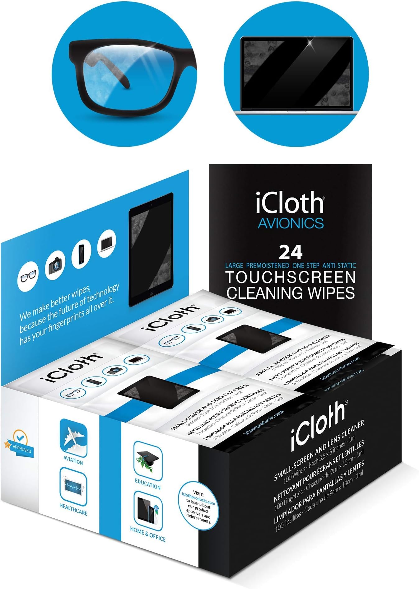 iCloth Lens and Screen Cleaner Pro-Grade Individually Wrapped Wet Wipes, Wipes for Cleaning Small Electronic Devices Like Smartphones and Tablets, Combo Pack of 124