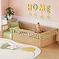 Favfurish Twin Size Montessori Floor Bed, Solid Wood Playhouse Bedframe with Safety High Fence for Kids, Girls, Boys, Bedroom, Playroom, Easy Assembly & No Box Spring Needed, Natural