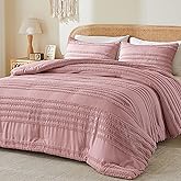 BEDELITE Boho King Size Comforter Set - Dusty Pink Tufted Striped Bed Set 3 Pieces, Soft Vintage Farmhouse Comforter for All Seasons, Boho Home Decor,Fluffy Jacquard Bedding with Pillow Sham
