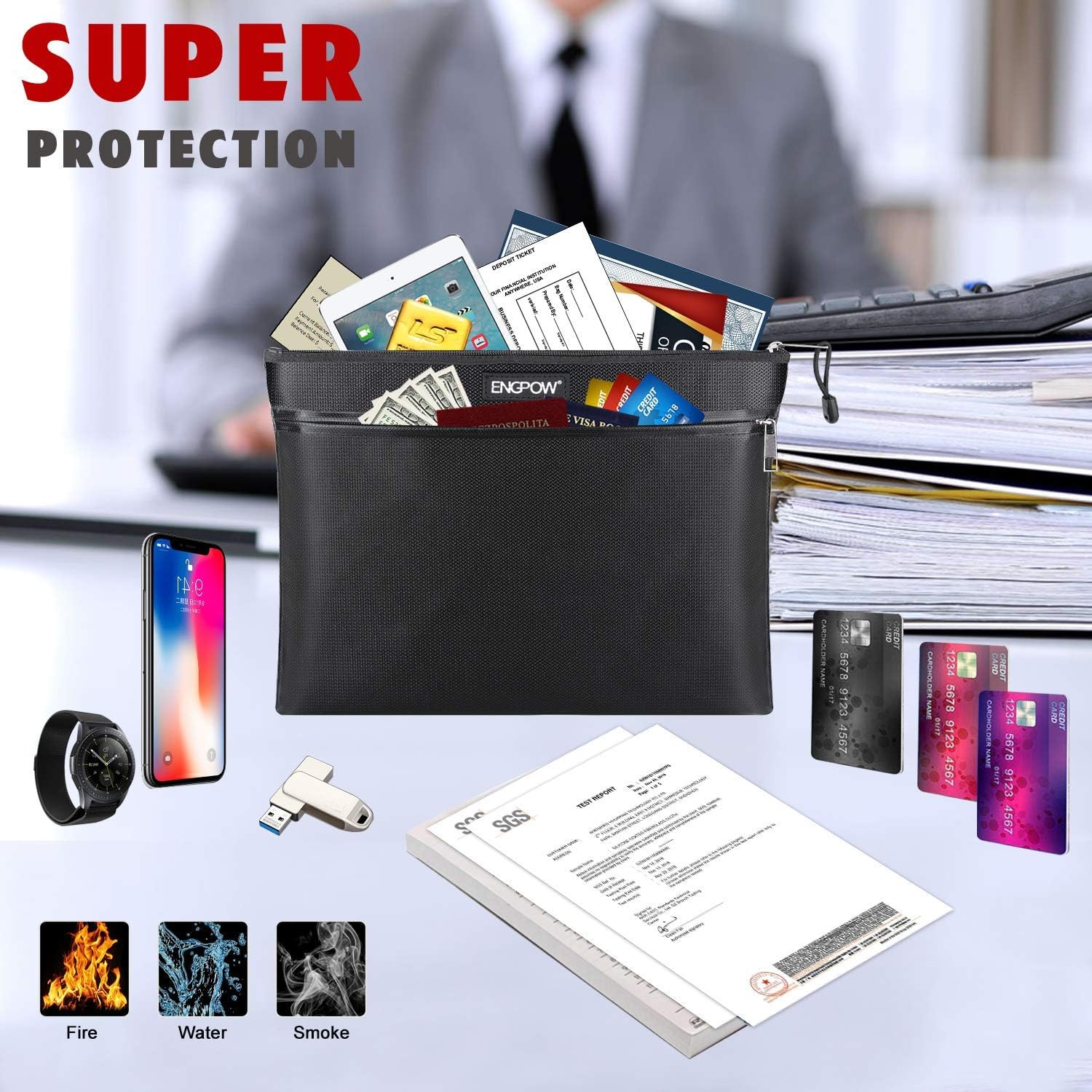Fireproof Document Bag Two Pockets Two Zippers, ENGPOW Fireproof Safe Bag 13.4”x 10.2” Waterproof and Fireproof Money Bag Money Safe Pouch File Storage for A4 Document Holder, Cash and Tablet : Office Products