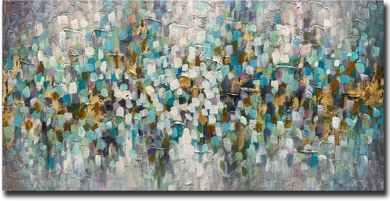 Paintings - V-inspire Art,24x48 inch Modern Canvas Texture Wall Art 100% Hand drawn Mosaic Grid Abstract Oil Painting With Bright Colors and Rich Layers for Home Decorations